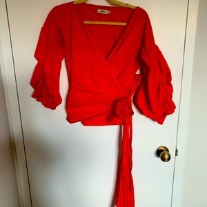 Sexy red puff sleeve wrap blouse